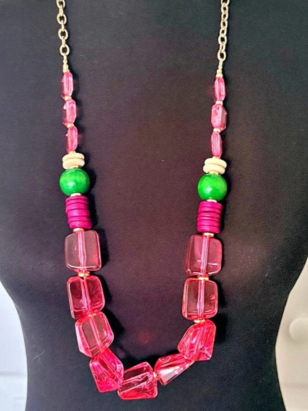 Bohemian statement necklace translucent Pink beads gold tone 18in